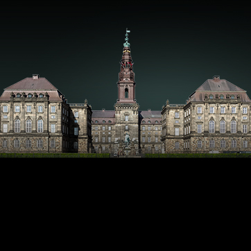 Et billede af Christiansborg på en mørk baggrund